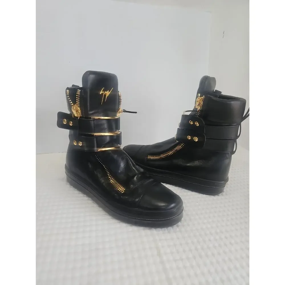 Giuseppe Zanotti Black Leather High Top Boot Sneakers Gold Zipper EU 43
